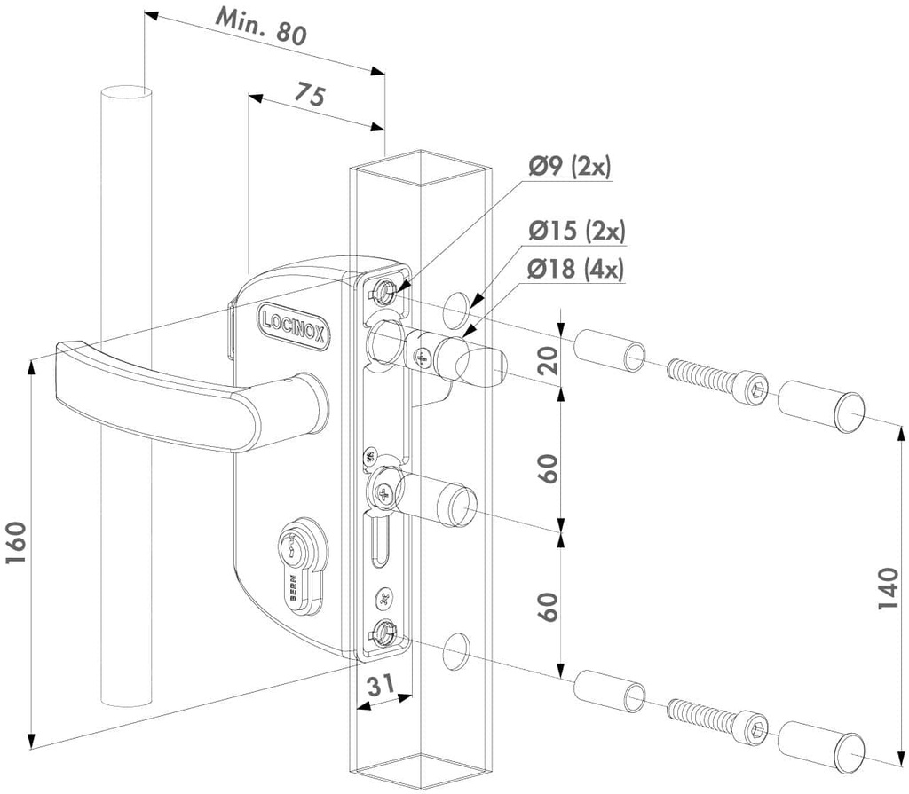 Economical Gate Lock square profile 40mm Black 