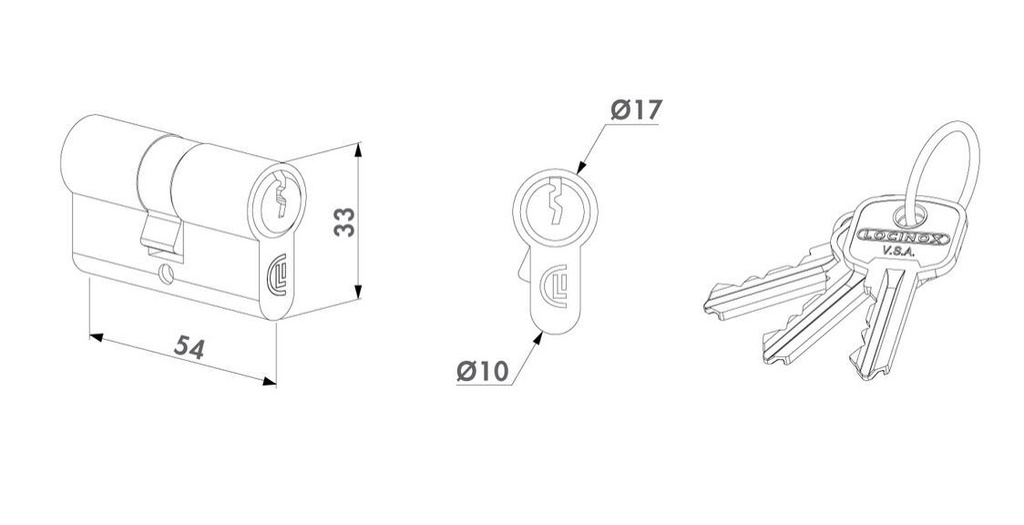 Europrofile cylinder with three keys 54 mm STD key Difference