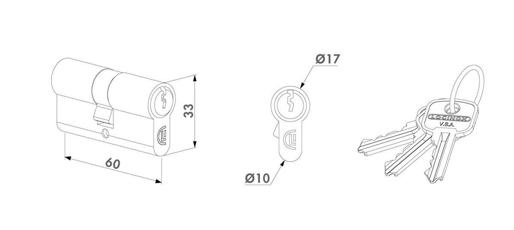 Europrofile cylinder with three keys 60 mm STD key Difference