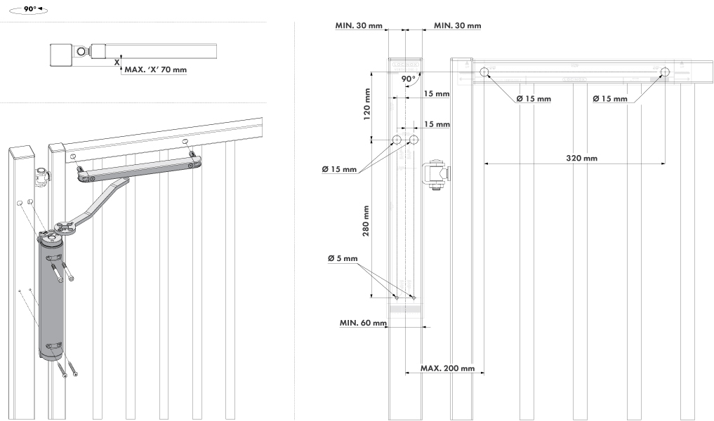 Hydraulic Industrial Gate Closer Verticlose 2 FOR 90° AND 180° HINGES BLACK