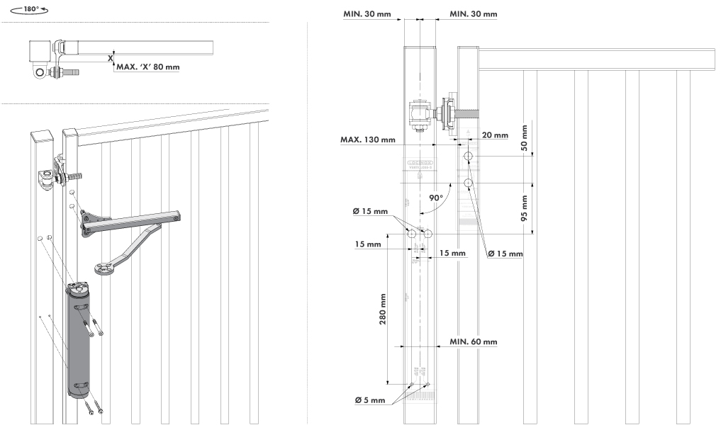 Hydraulic Industrial Gate Closer Verticlose 2 FOR 90° AND 180° HINGES BLACK