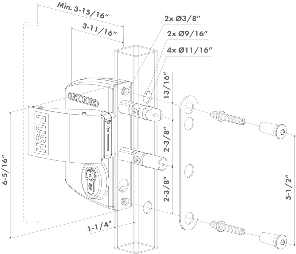 Locinox Industrial Anti Panic Swing Gate Lock U2 for Square tube 40-60mm profile-with Push set