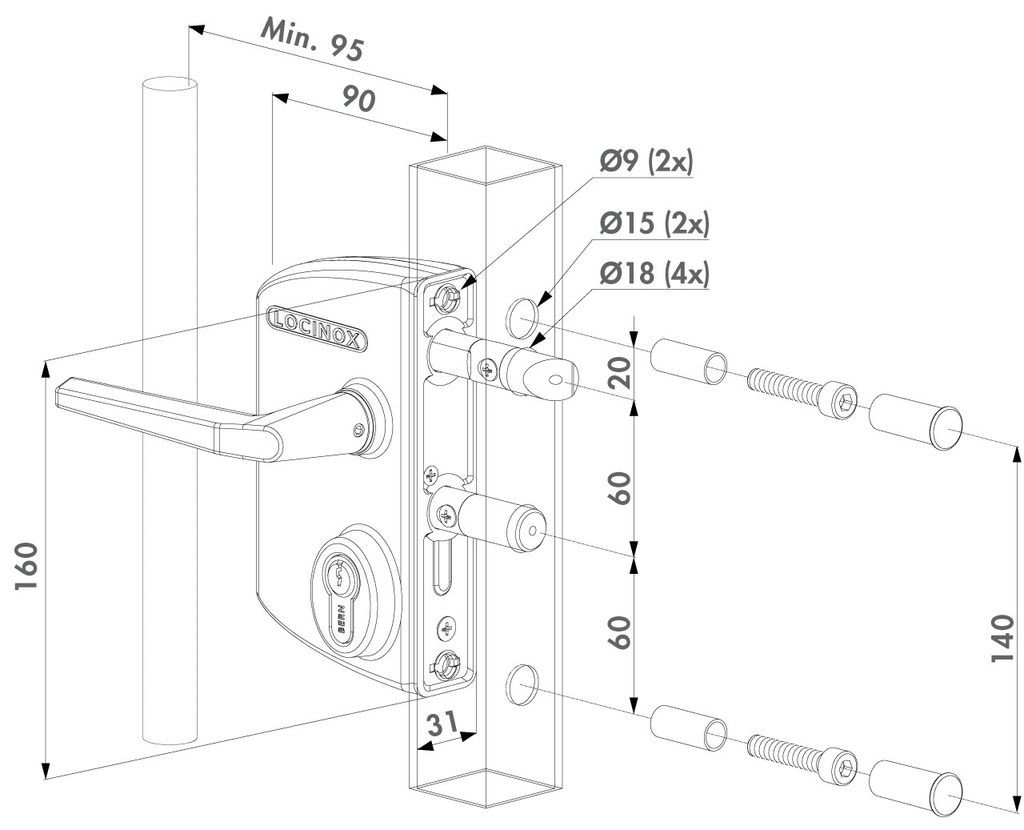 Locinox Industrial Anti Panic Swing Gate Lock U2 for Square tube 40-60mm profile-with Push set