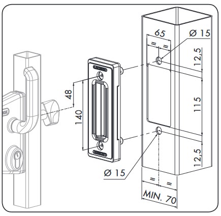 Locinox Industrial Manual Sliding Gate Lock 40mm profile Black colour -with Keep