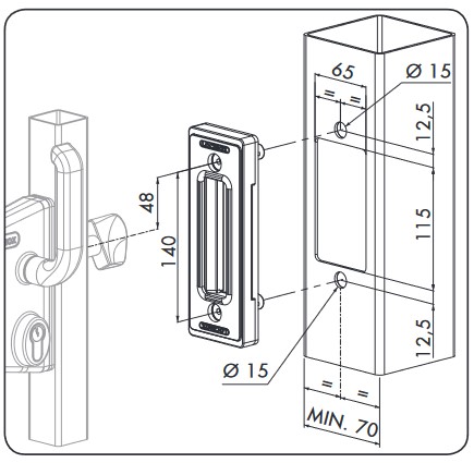 Locinox Industrial Manual Sliding Gate Lock 50mm profile Black colour with Keep