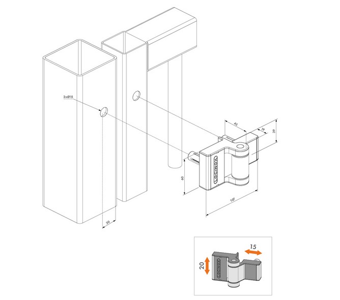 Locinox Compact 2 Way Adjustable 180° surface mounted hinge - PUMA - Silver / each
