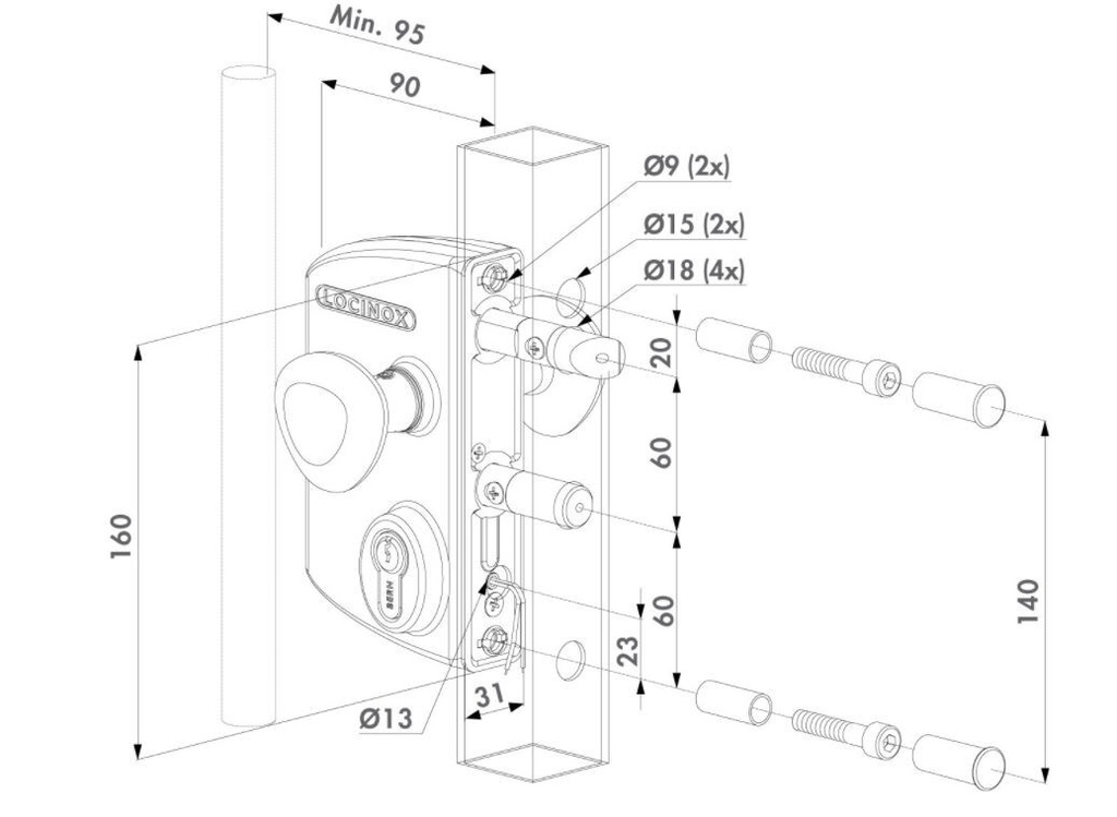 Surface mounted electric gate lock with Fail Open for Square tube Adjustable 40-60mm - BLACK