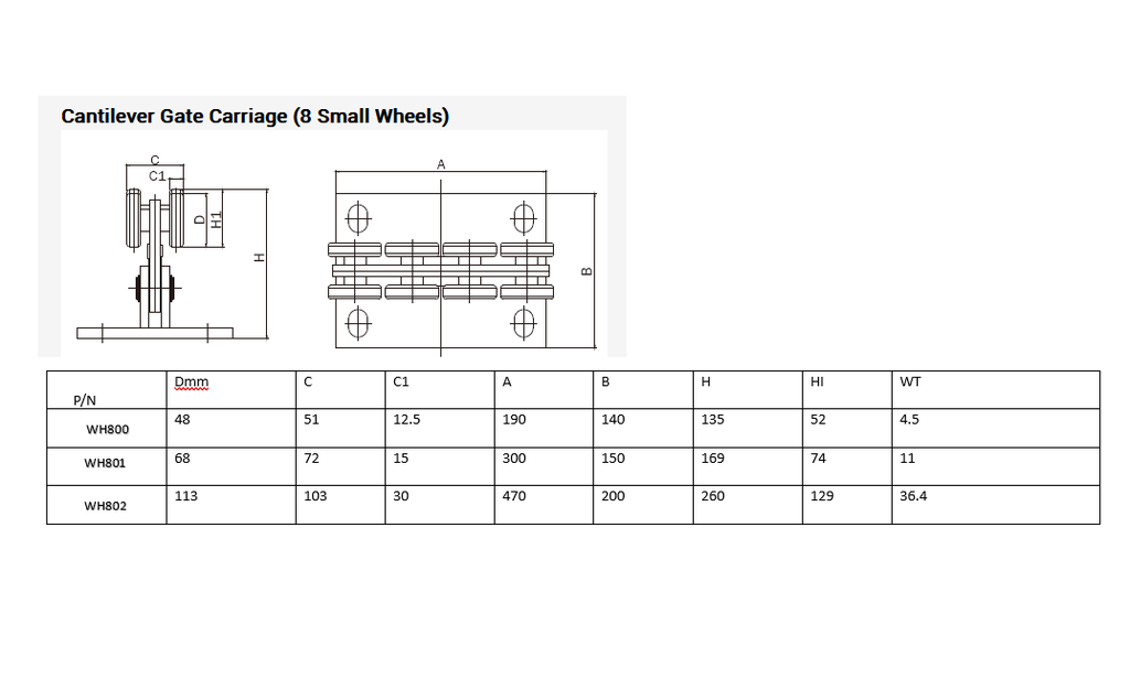 Residential Cantilever Carriage 8 wheel for Gates up to 1200kg or 15 Meters 