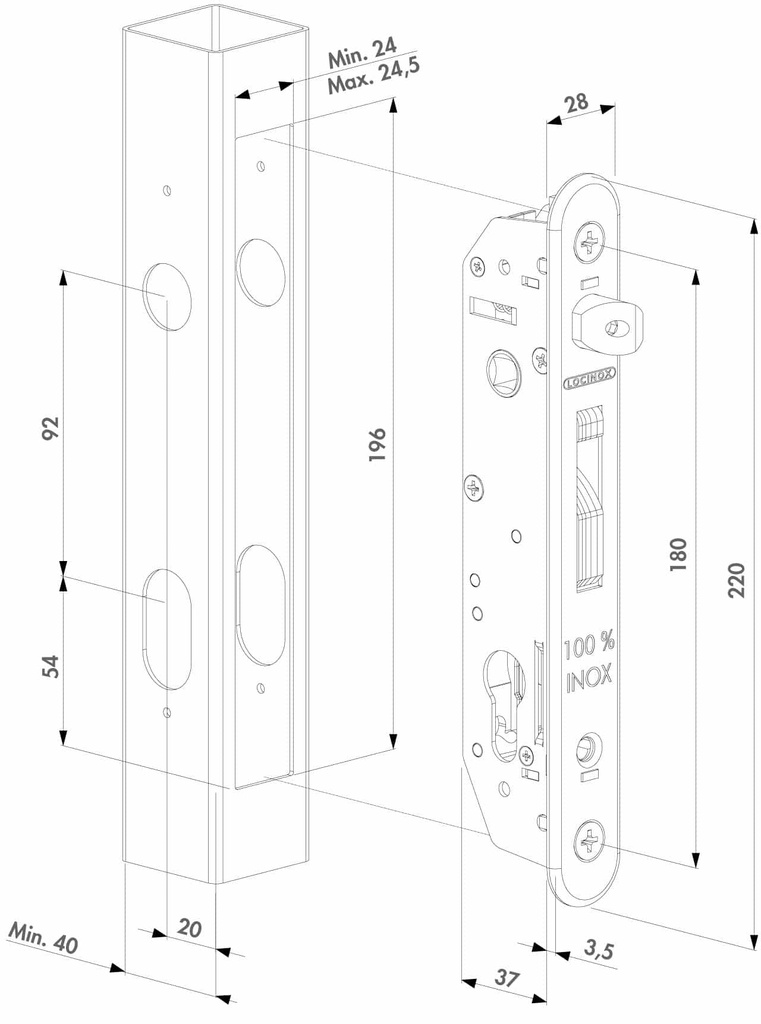 Locinox Forty Slim Line Insert Lock 20mm Backset Lock only