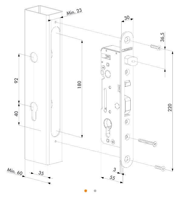 Swing Gate Mortise Lock H Metal 35 mm Back Set complete Kit- Aluminium Handle