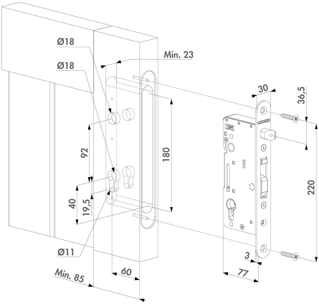 Swing Gate Mortise Lock H Wood 35 mm Back Set Lock only