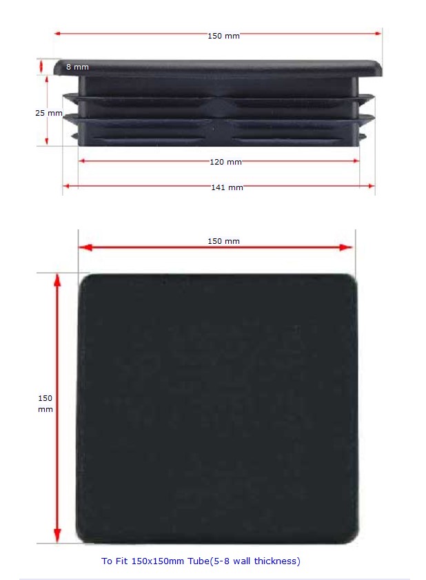 Plastic Square Post End Cap for Tube 150x150mm (5-8mm wall thickness)