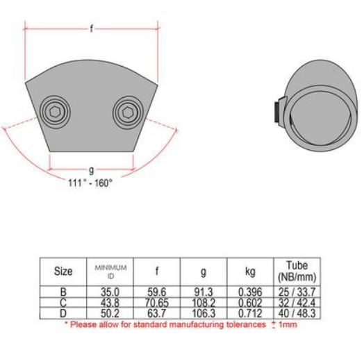 Kwikclamp 124 series, 40-70 degree elbow connector, fit 40NB pipe (48mm)