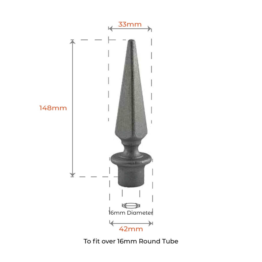 Aluminium Spear: Pyramid Female to fit over 16mm Round Tube