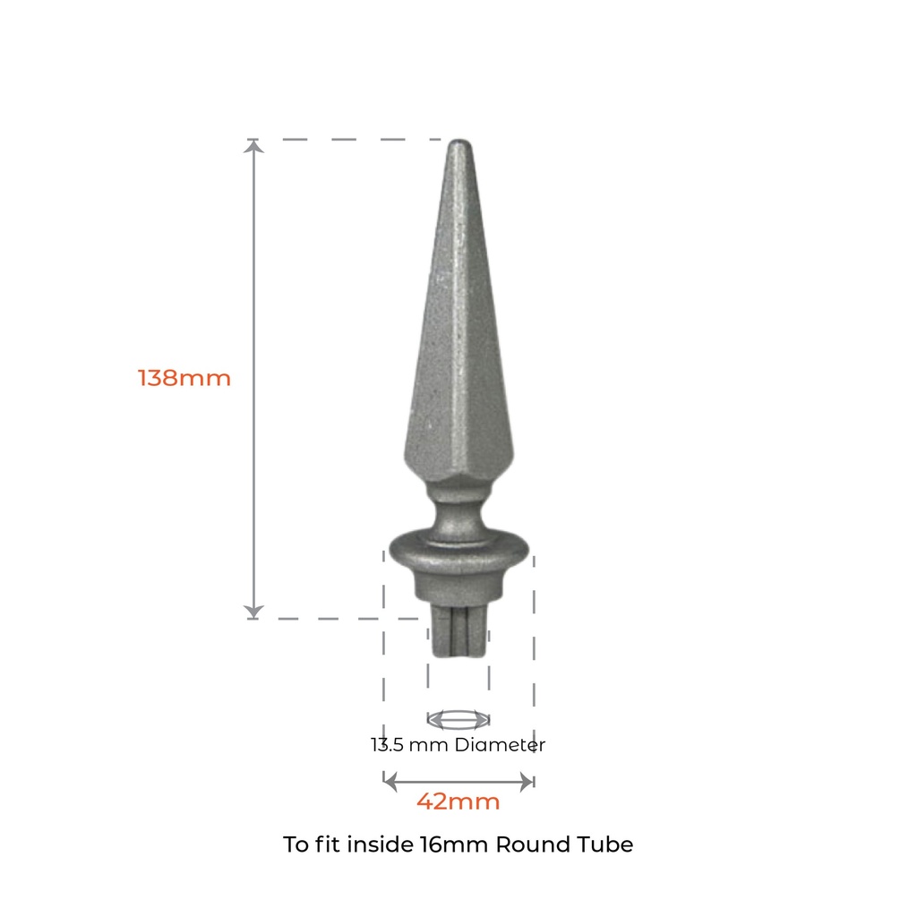 Aluminium Spea: Pyramid Male to fit inside 16mm Round Tube