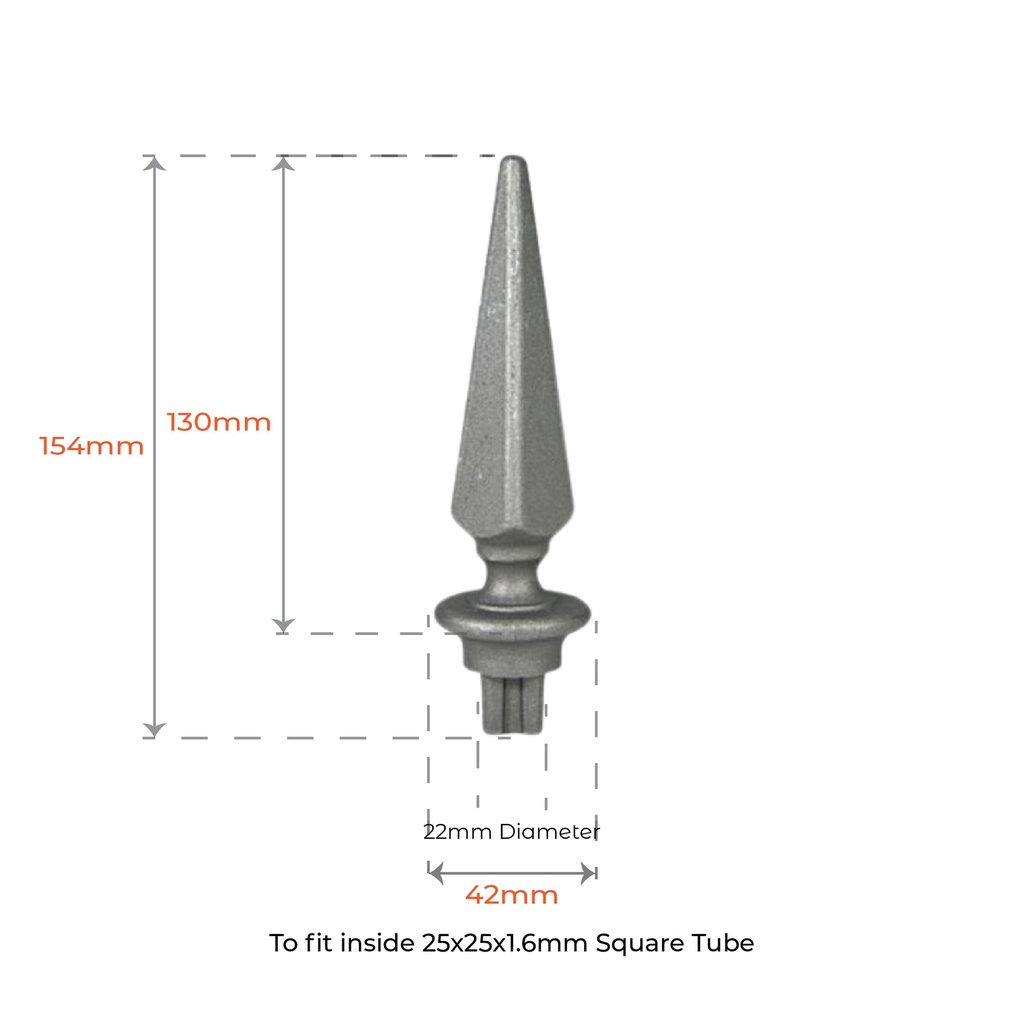 Aluminium Spear: Pyramid Male to fit inside 25mm Square