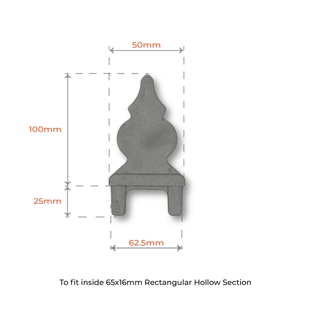 Fence Spear Top/ Picket Top Windsor for tube 65x16mm (1.4 wall thickness)