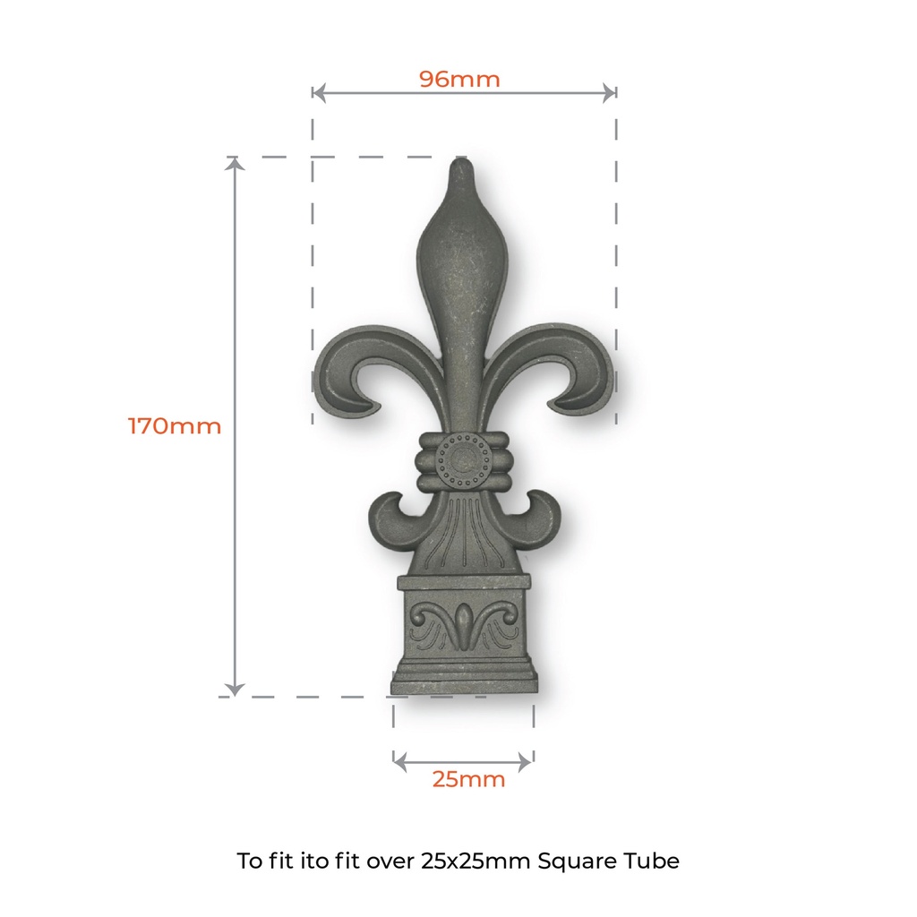 Aluminium Spear: Fleur-de-lis Shaped for Square Bar to fit over 25x25mm SHS