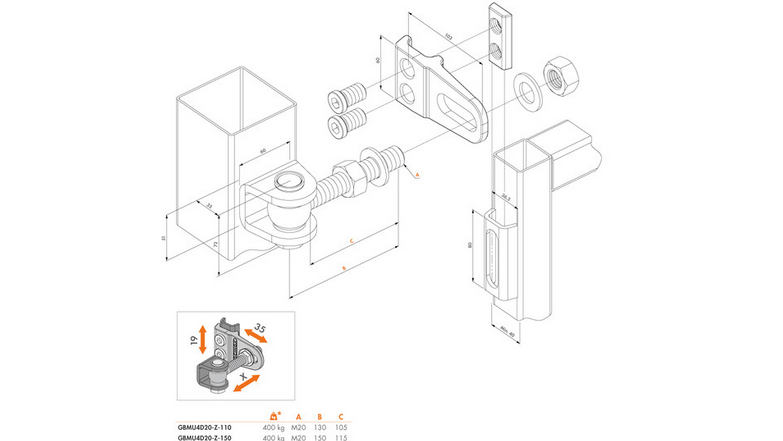 LOCINOX GBMU4D20 Adjustable Swing Gate Hinge long neck 180° weld-on 4D 20mm pin- Pair