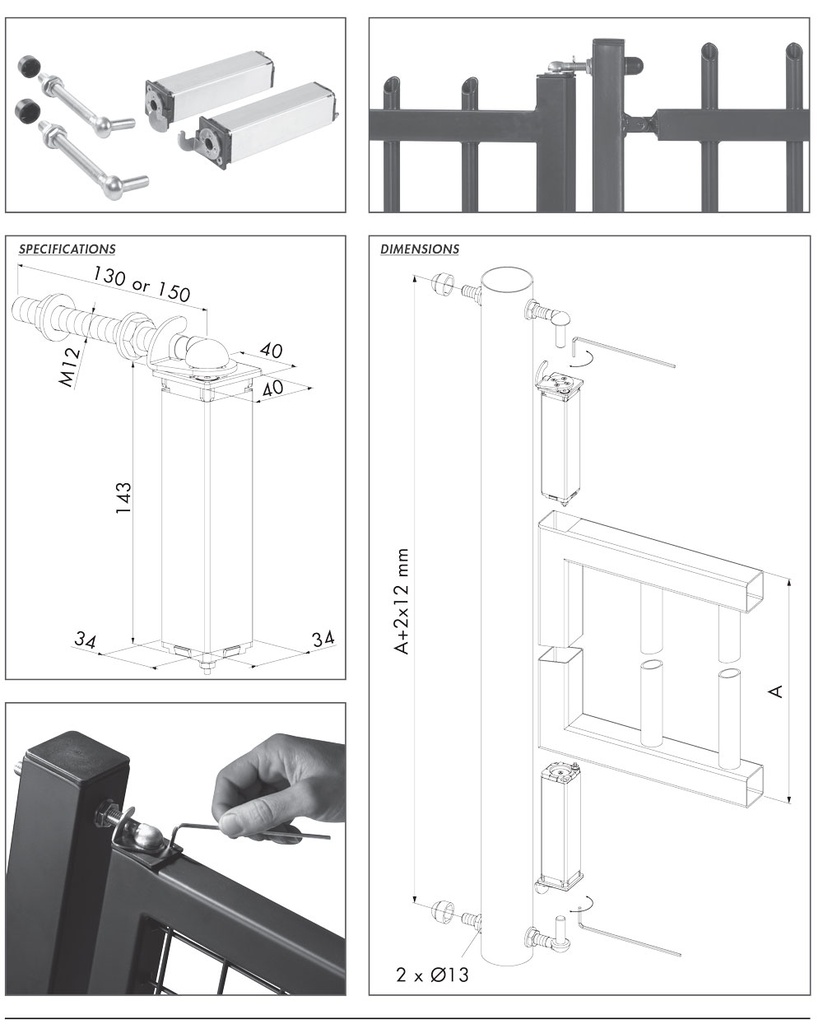 Locinox SWING40 Self Closing Gate Hinges for 40x40 Tube Gates 75kg-130mm