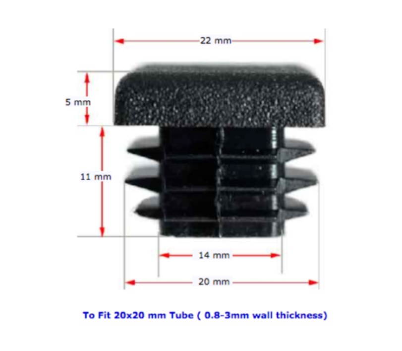 Plastic square cap 22x22mm (1-3.5mm wall thickness)