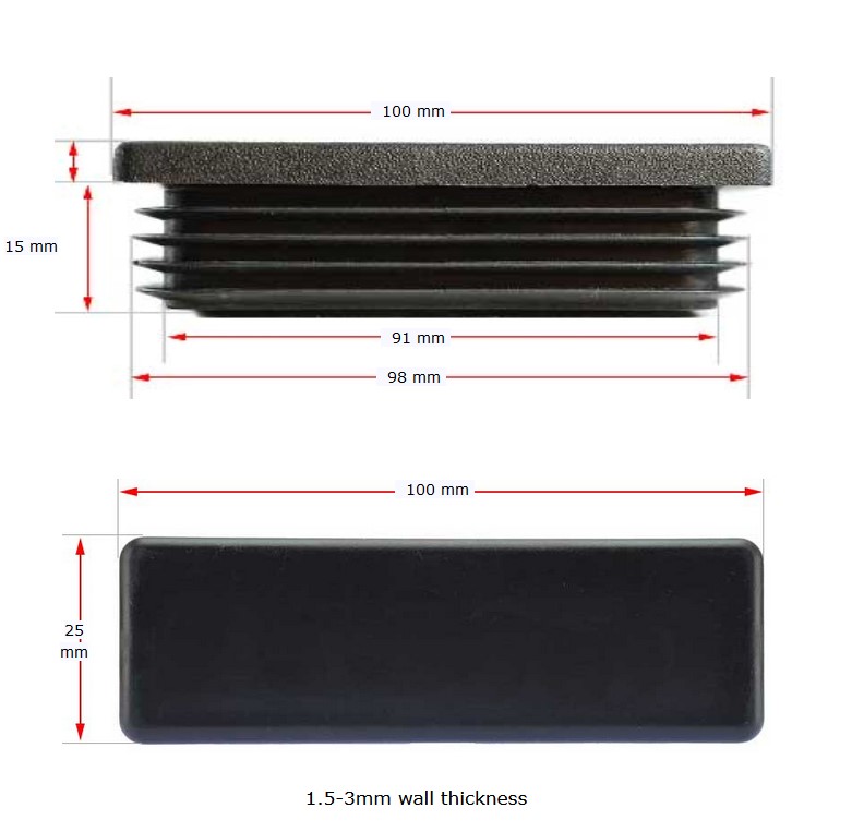 Plastic Rectangular Cap 100x25mm (1.5-3mm)