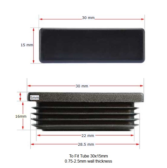 Plastic Rectangular Cap 30x15mm with wall thickness of 0.75-2.5mm