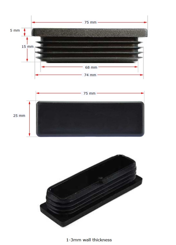 Plastic Rectangular Cap 75x25mm in Black (1-3mm)