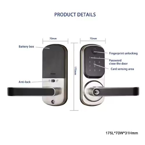 5-in-1 Smart Black Digital Electronic Door Lock with Handle – Keys, Fingerprint, Keypad, IC Card, and App Access