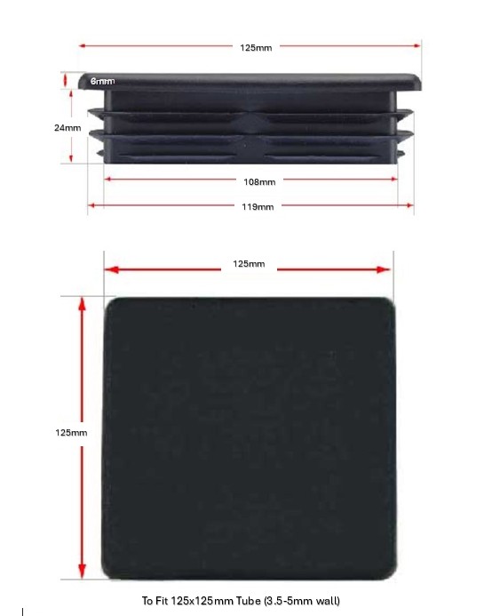 Plastic square End Cap/ Tube insert for Tube 125x125mm (3.5-5mm wall) 