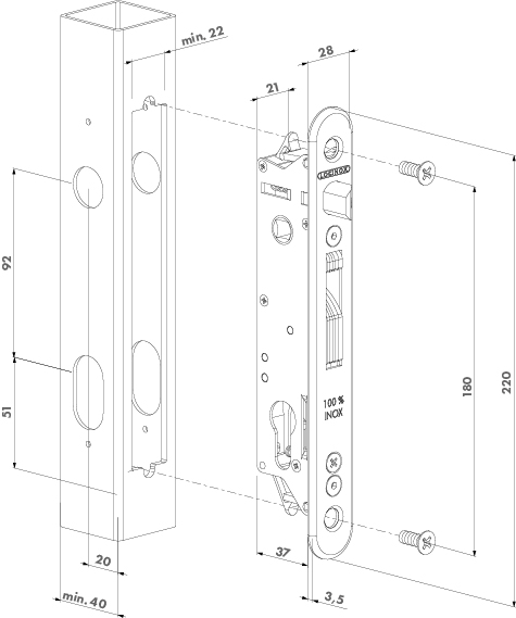 Locinox FORTY inframe Swing Gate Lock 20 MM BACKSET FOR 40 MM - Kit with Recess Keep