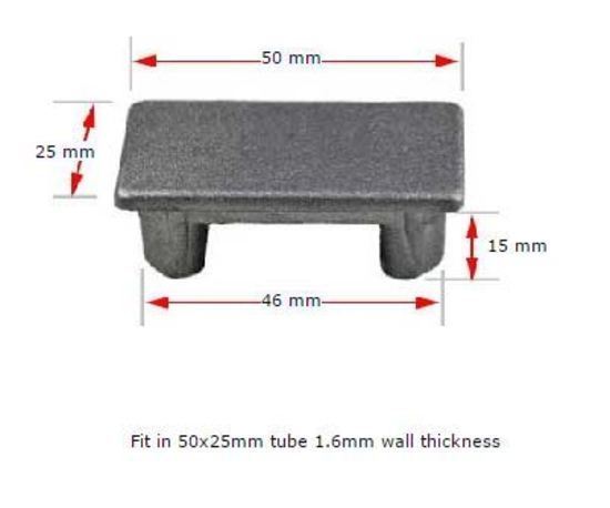 Aluminium rectangular cap 50x25mm (1.6mm wall)