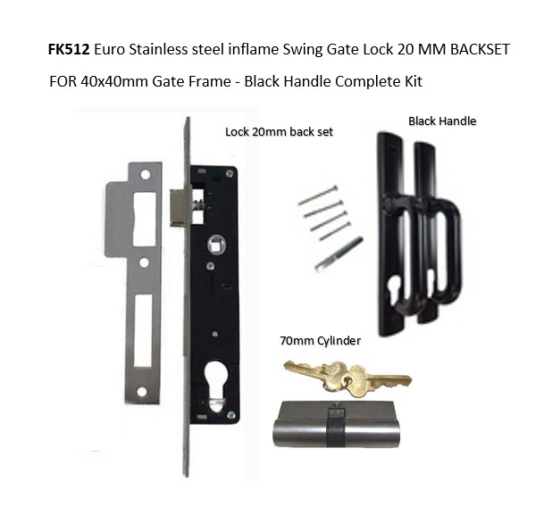 Euro Stainless steel inflame Swing Gate Lock 20mm BACKSET FOR 40mm Gate Frame - Black Handle Complete Kit