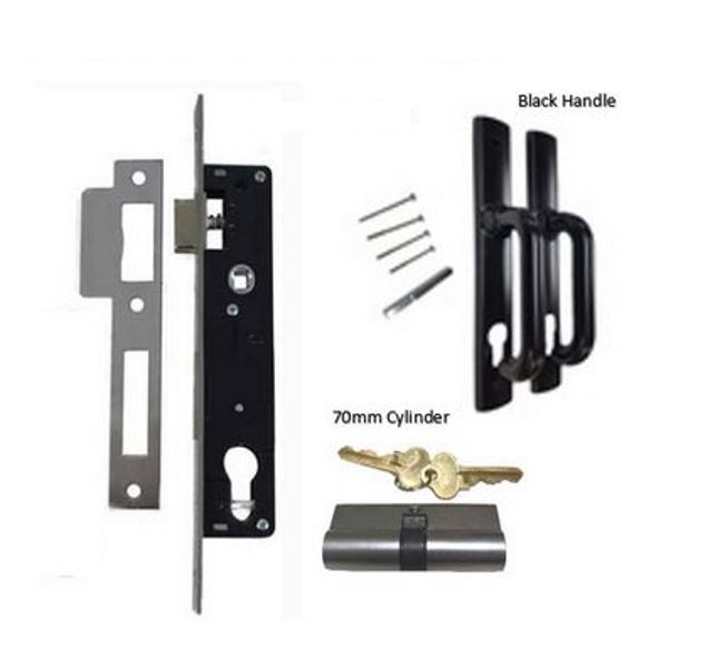 Euro Stainless steel inflame Swing Gate Lock 30 MM BACKSET FOR 50 MM Gate Frame - Black Handle Complete Kit