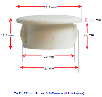 Plastic insert hole plug/End cap tube insert for hole size 19mm - White