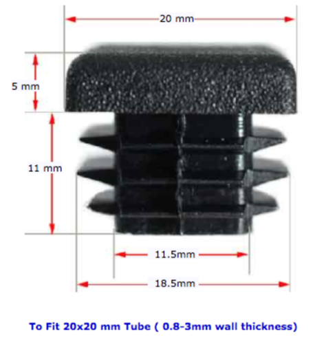 Plastic square cap 20x20mm (0.8-3mm wall thickness)