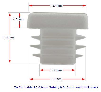 Plastic square cap 20x20mm (0.8-3mm wall thickness) White 