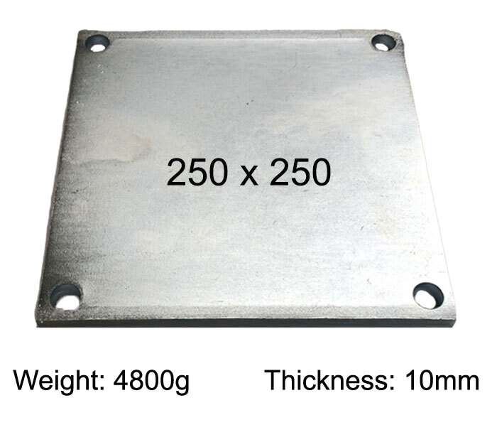 Square Steel Base Plate, 250x250x10mm, 4 Holes