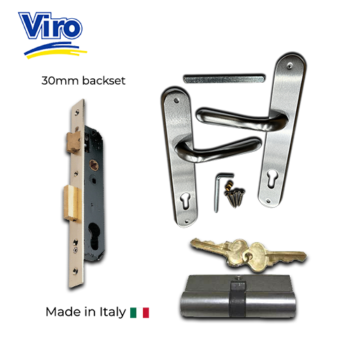 Viro Euro Insert Mortice Lock - Complete Kit - 50x50 Frame, 30mm Backset, Silver - For Swing Gates