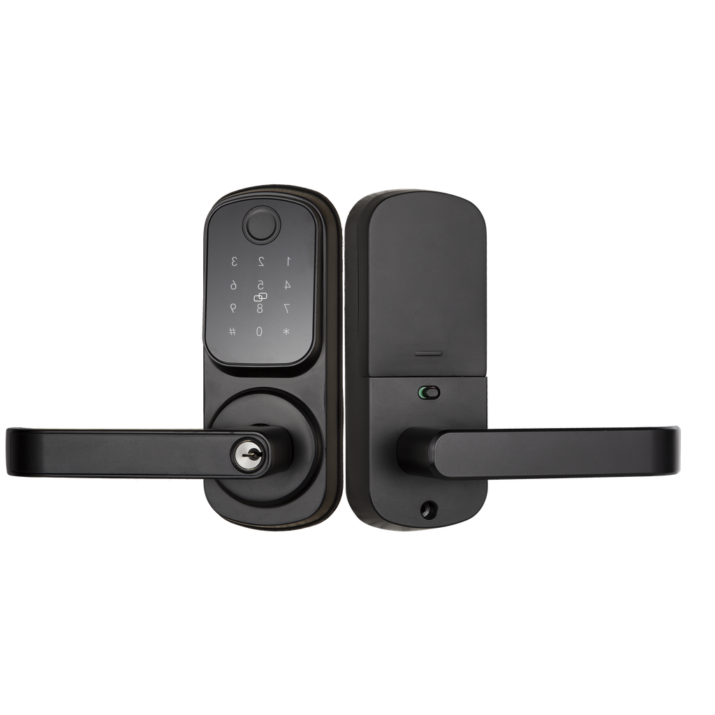 5-in-1 Smart Black Digital Electronic Door Lock with Handle – Keys, Fingerprint, Password, RFID Card, and App Access