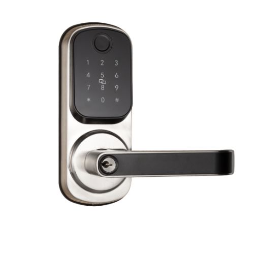 5-in-1 Smart Silver Digital Electronic Door Lock with Handle – Keys, Fingerprint, Password, RFID Card, and App Access (copy)