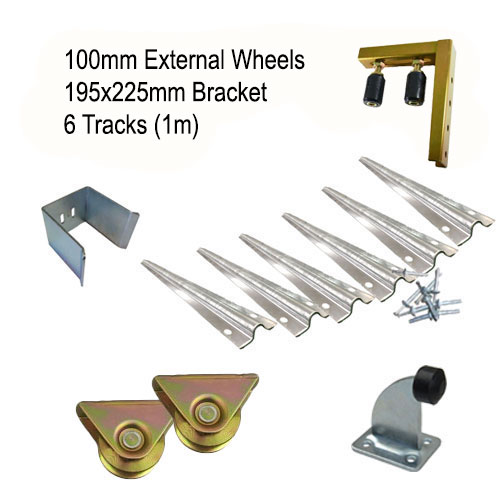[Kit16_6] DIY Sliding Gate Kit - 100mm External Wheels x Large Bracket x 6 Tracks (1m)